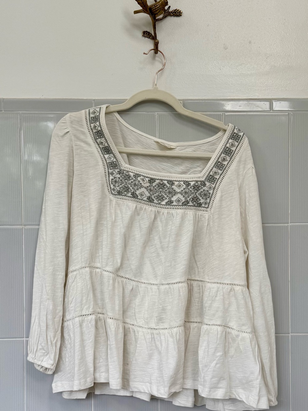 Lucky Brand Cream Top with Gray Embroidery